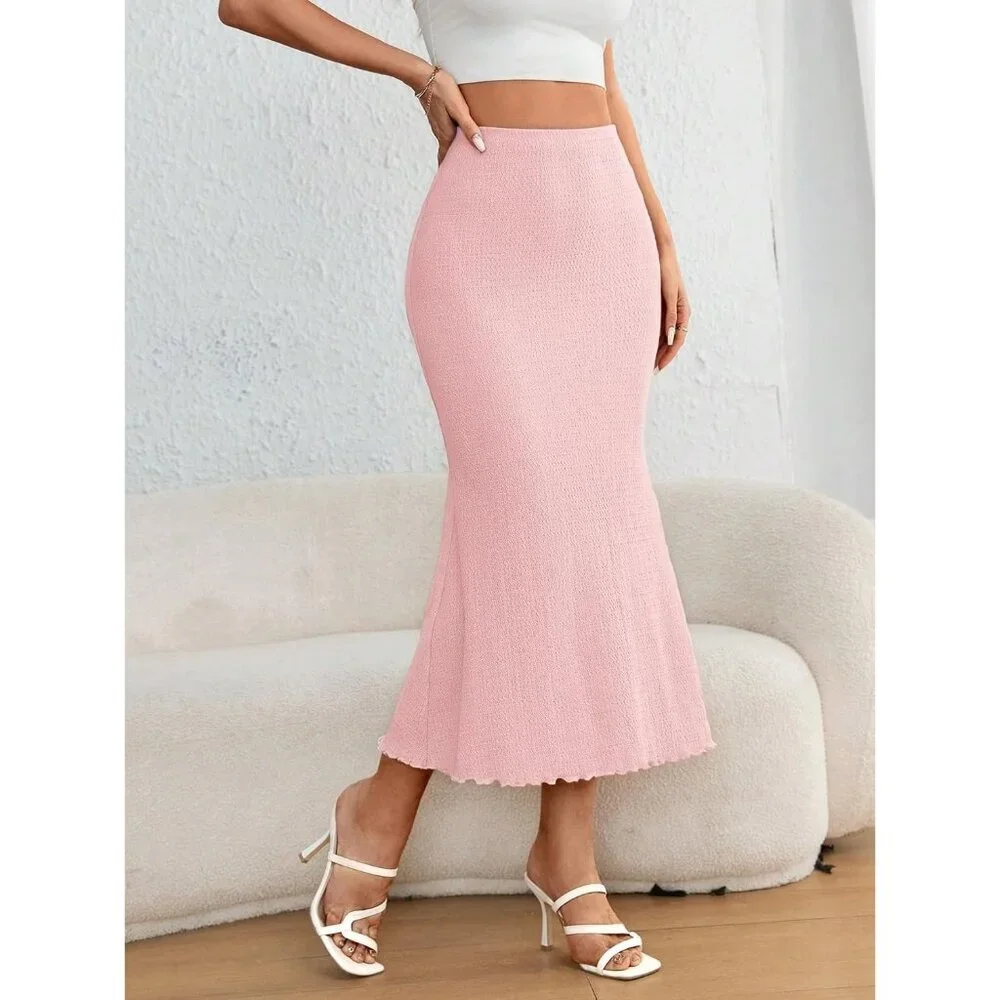 Women's Pink Basic Elastic High Waist Slim Bodycon Romantic Out Long Maxi Skirt - Picture 2 of 6